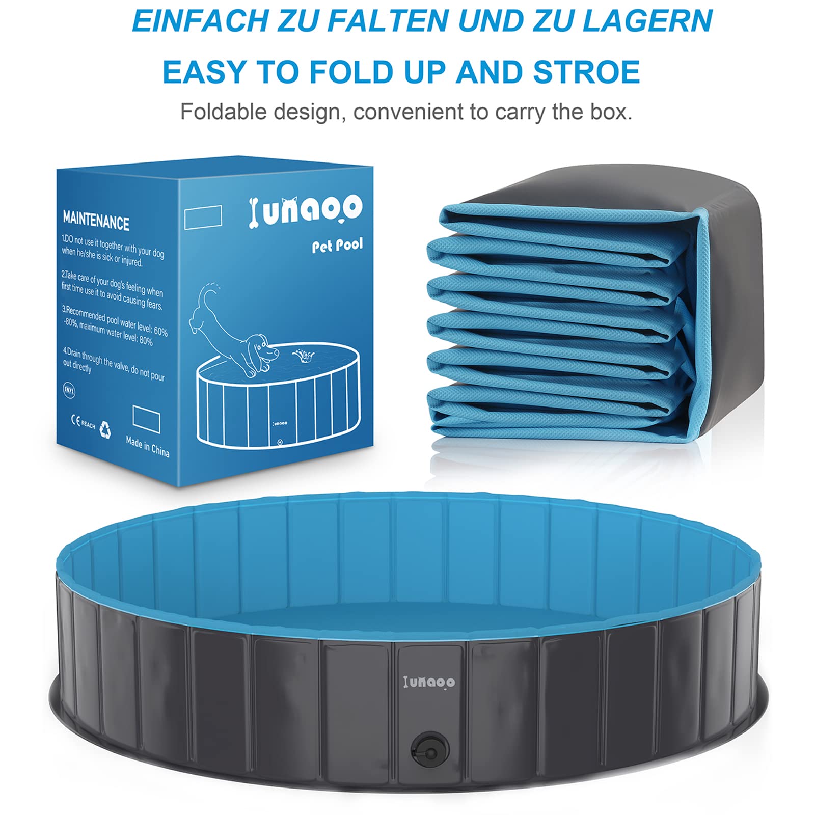 lunaoo Hundepool fur Große Hunde, Faltbare Schwimmbecken Hund Planschbecken Dog Pool, Tragbar PVC Hundebadewanne Hundeschwimmbad für Große Kleine Hunde, Hellblau, 160 x 30 cm