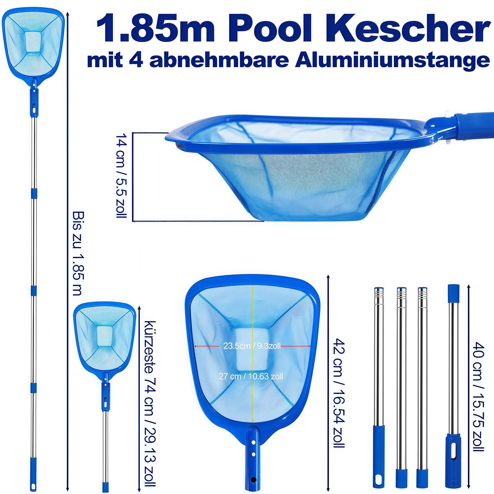 185 cm Pool Kescher, Poolkescher Fein mit Teleskopstange, Poolreinigung Pool Kescher Feinmaschig, Teichkescher für Schwimmbad, Teich, Algen & Bestway Pool, Aufstellpool, Planschbecken, Whirlpool