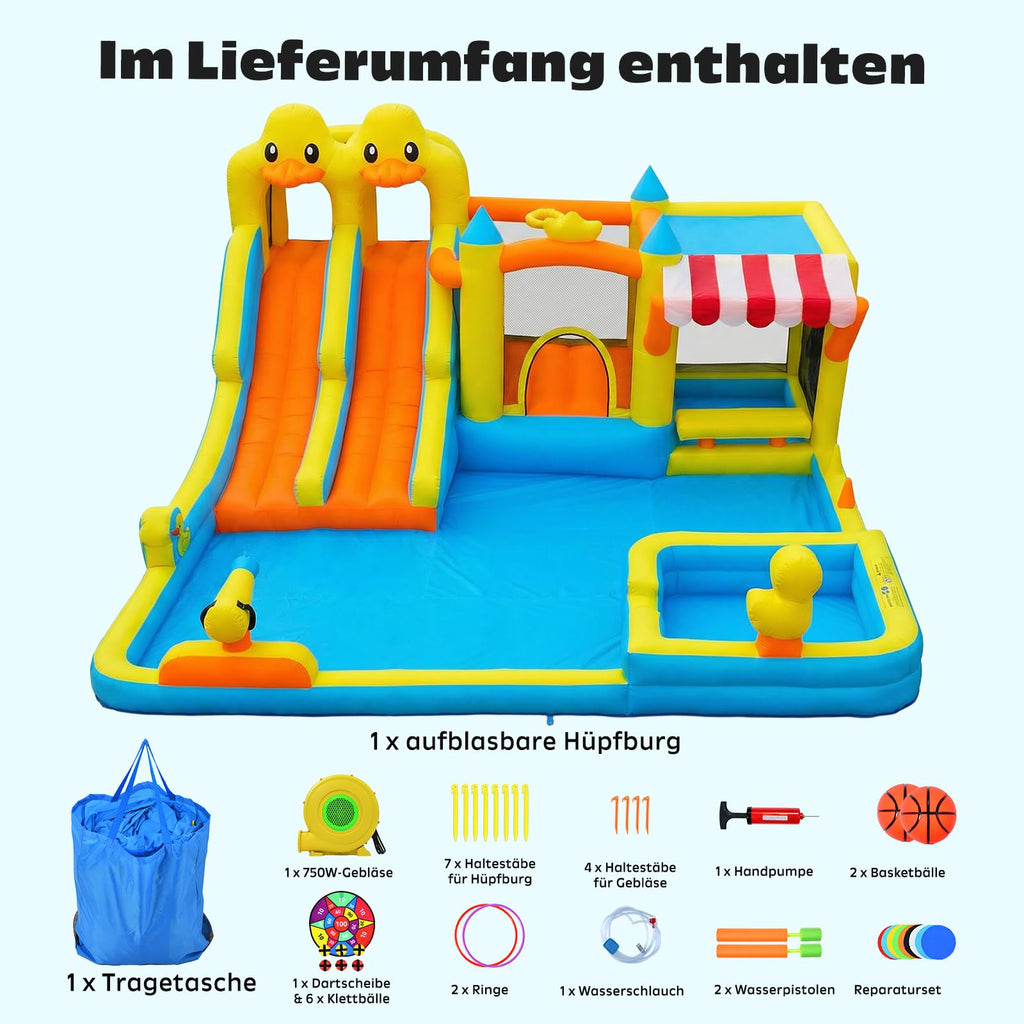 Hapfan Hüpfburg mit Wasserrutsche, 10 in 1 aufblasbare XXL Hüpfburg inkl. Gebläse mit Kletterwand, Springfläche, Wasserpistolen, Splash Pool & Basketballkorb für Kinder, Indoor/Outdoor, 536x436x245