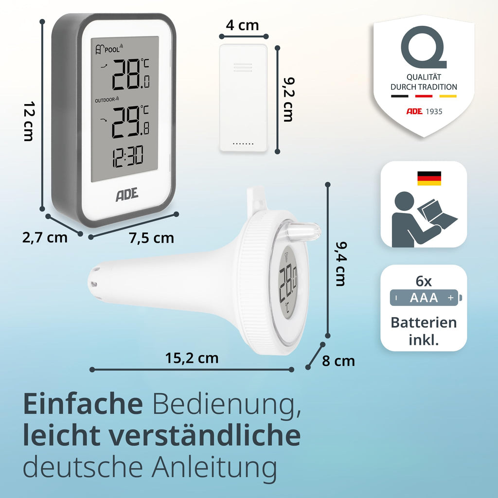 ADE Poolthermometer schwimmend | Pool Thermometer funk für Schwimmbad, Whirlpool, Badewanne, Teich | Wasserthermometer mit Außensensor | inkl. Batterien