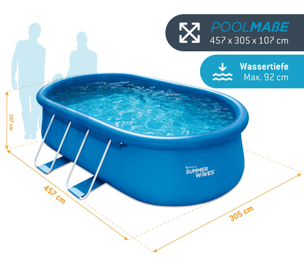 Summer Waves Quick Up Pool Komplettset | Oval 457x305x107 cm Blau | Aufstellpool Set | Gartenpool & Schwimmbecken inkl. Filterpumpe, Leiter, Bodenvlies & Abdeckplane