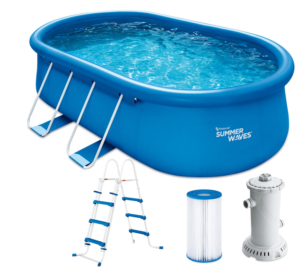 Summer Waves Quick Up Pool Komplettset | Oval 457x305x107 cm Blau | Aufstellpool Set | Gartenpool & Schwimmbecken inkl. Filterpumpe, Leiter, Bodenvlies & Abdeckplane