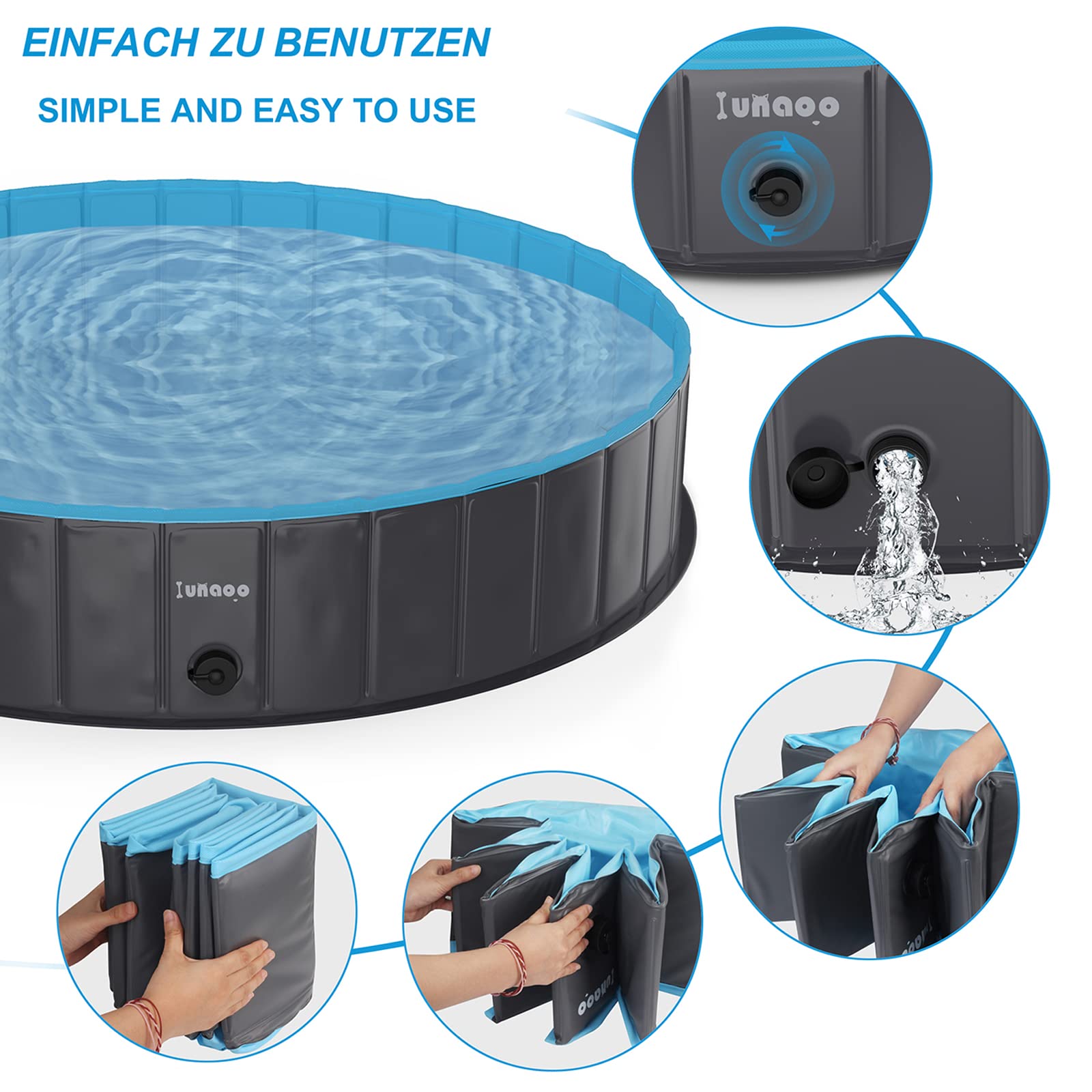 lunaoo Hundepool fur Große Hunde, Faltbare Schwimmbecken Hund Planschbecken Dog Pool, Tragbar PVC Hundebadewanne Hundeschwimmbad für Große Kleine Hunde, Hellblau, 160 x 30 cm