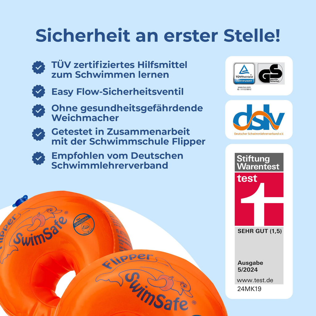 Flipper Swimsafe 1010 - Schwimmflügel für Babys ab 12 Monaten, sichere Schwimmhilfe mit unzerbrechlichem PE-Schaumkern zum Schwimmen lernen, Orange