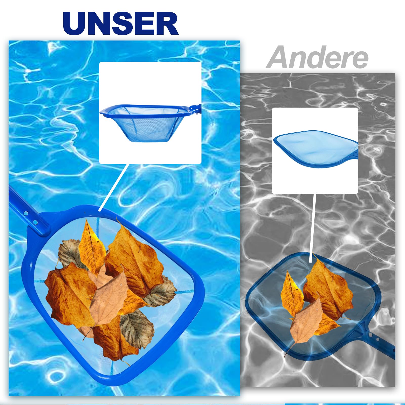 185 cm Pool Kescher, Poolkescher Fein mit Teleskopstange, Poolreinigung Pool Kescher Feinmaschig, Teichkescher für Schwimmbad, Teich, Algen & Bestway Pool, Aufstellpool, Planschbecken, Whirlpool