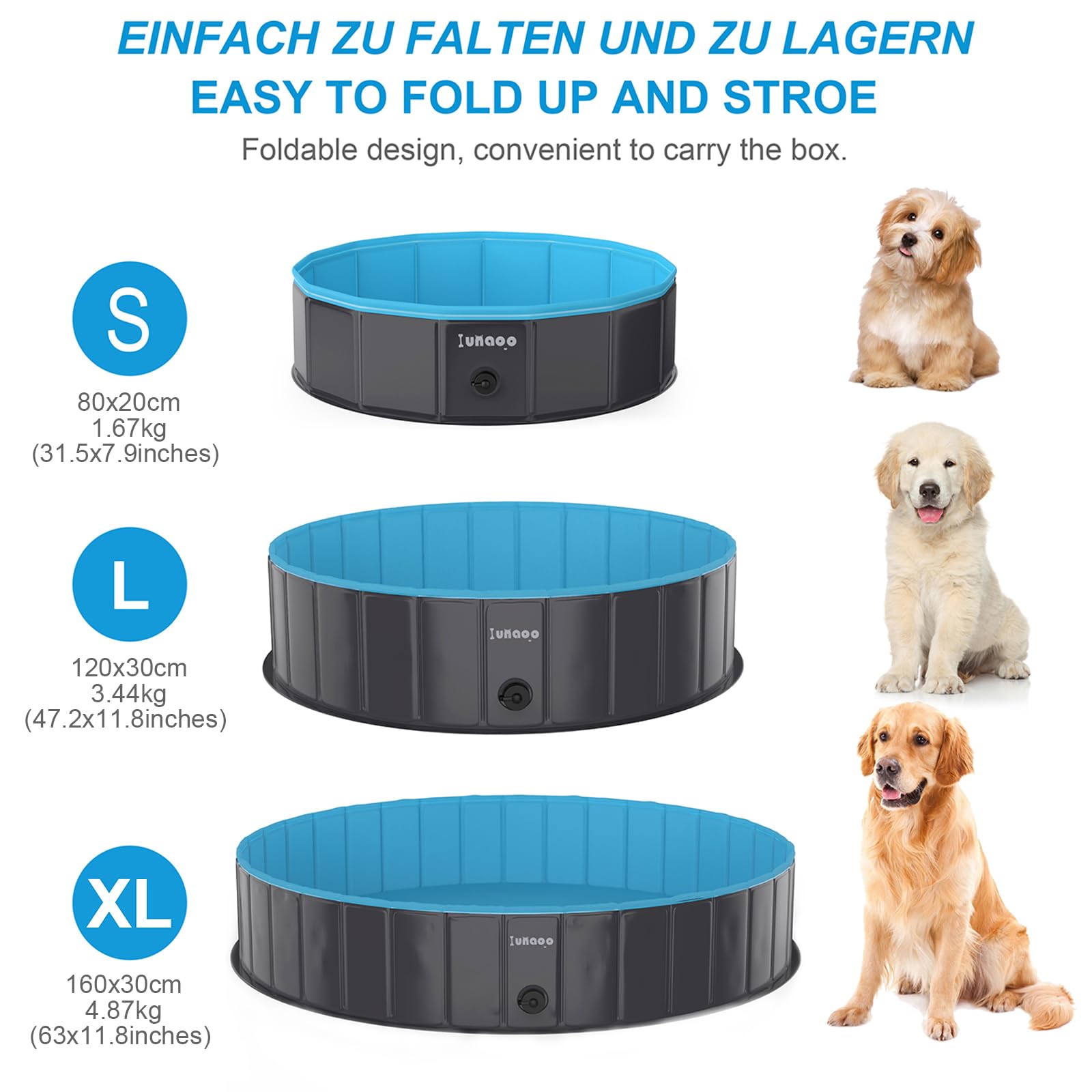 lunaoo Hundepool fur Große Hunde, Faltbare Schwimmbecken Hund Planschbecken Dog Pool, Tragbar PVC Hundebadewanne Hundeschwimmbad für Große Kleine Hunde, Hellblau, 160 x 30 cm