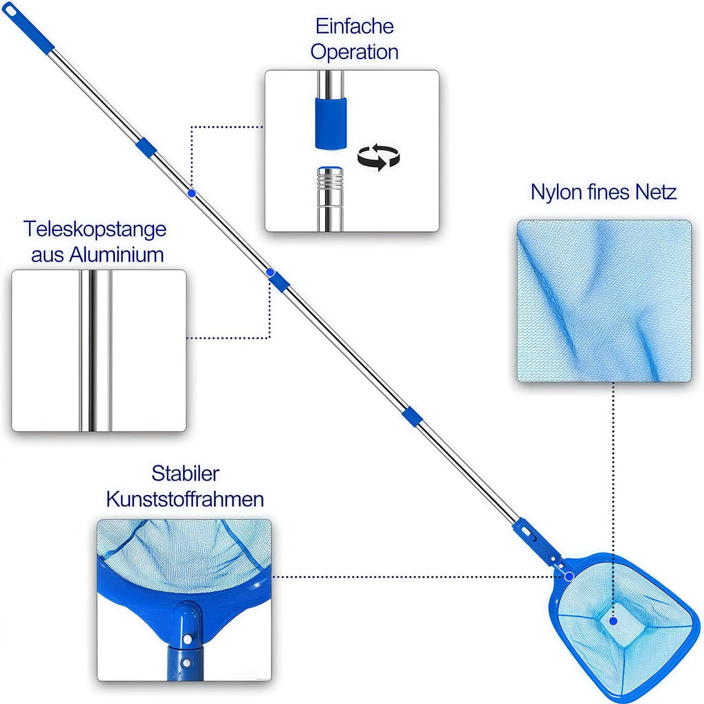 185 cm Pool Kescher, Poolkescher Fein mit Teleskopstange, Poolreinigung Pool Kescher Feinmaschig, Teichkescher für Schwimmbad, Teich, Algen & Bestway Pool, Aufstellpool, Planschbecken, Whirlpool