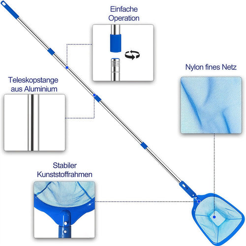 185 cm Pool Kescher, Poolkescher Fein mit Teleskopstange, Poolreinigung Pool Kescher Feinmaschig, Teichkescher für Schwimmbad, Teich, Algen & Bestway Pool, Aufstellpool, Planschbecken, Whirlpool