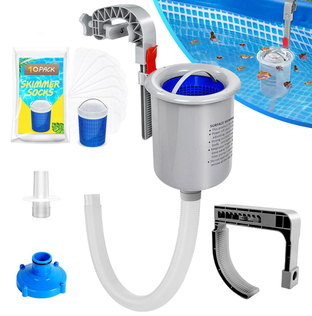 ROMIVO Pool Skimmer für Aufstellpool mit 10 Stück Skimmer Socken, Schwimmender Pool Einhängeskimmer Oberflächen Skimmer Korb für oberirdische Pools für Intex, entfernt Laub und Unrat