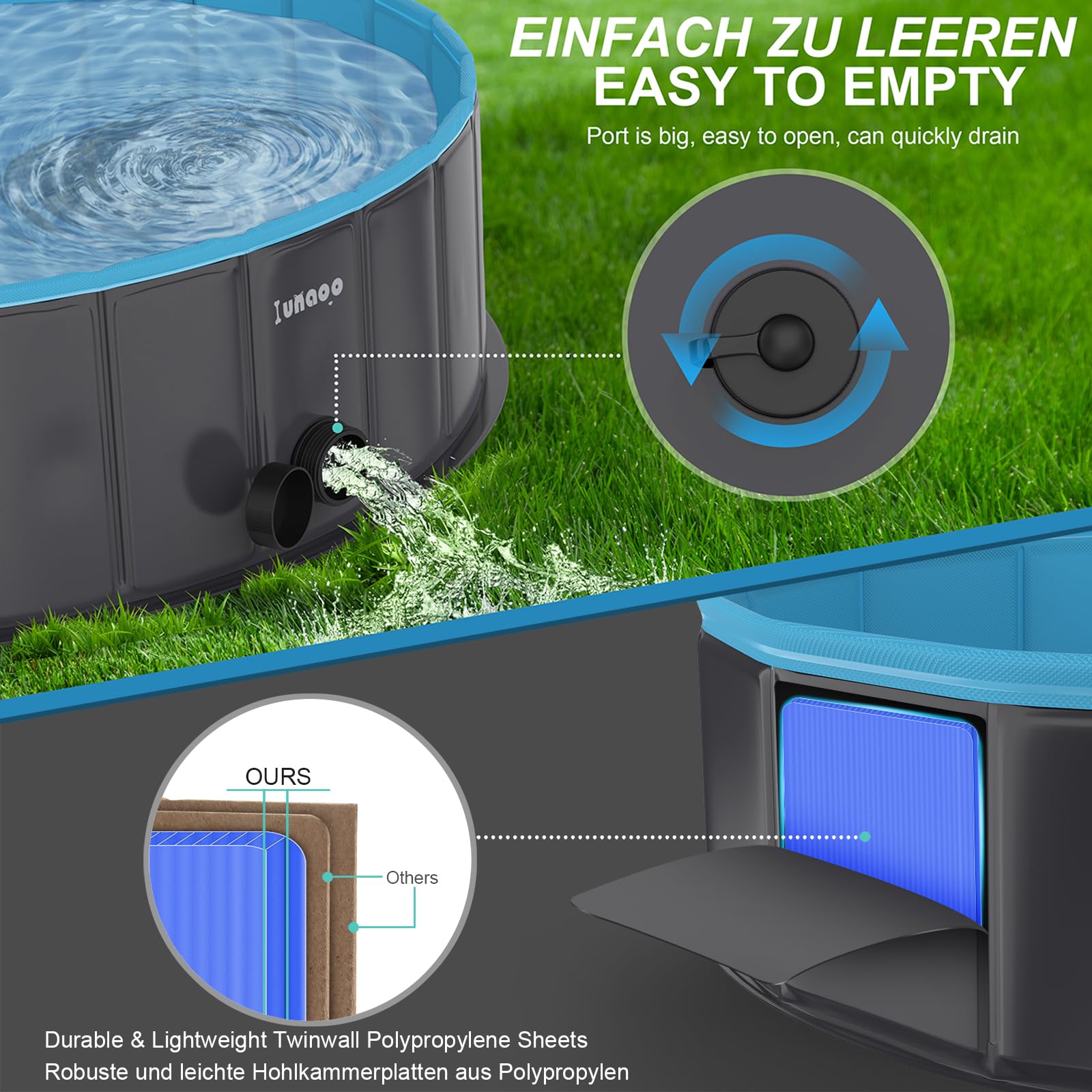 lunaoo Hundepool fur Große Hunde, Faltbare Schwimmbecken Hund Planschbecken Dog Pool, Tragbar PVC Hundebadewanne Hundeschwimmbad für Große Kleine Hunde, Hellblau, 160 x 30 cm