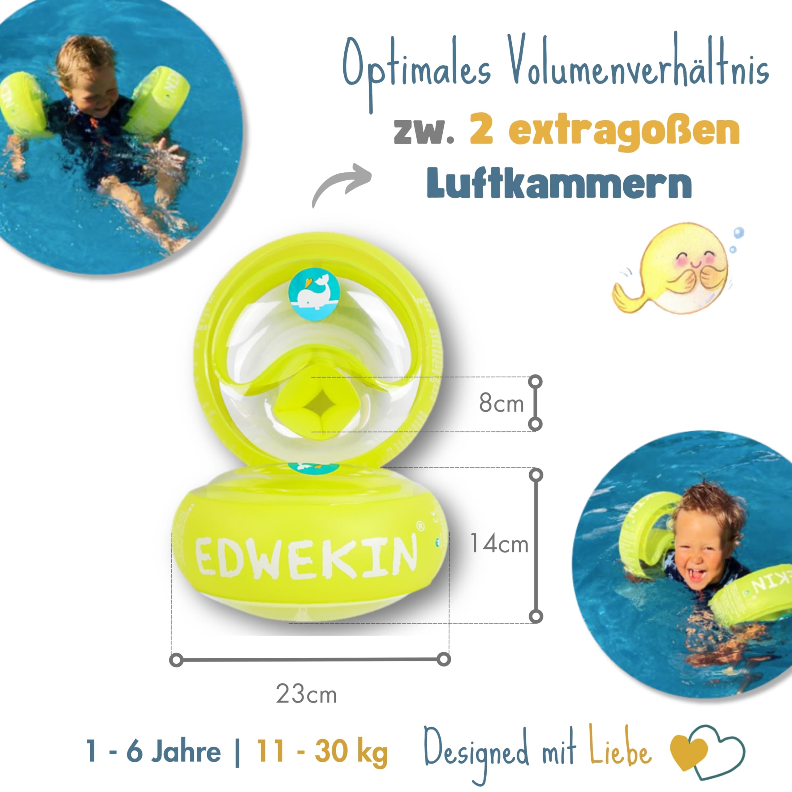 EDWEKIN® Premium Schwimmflügel für Kinder (1–6 Jahre) | TÜV geprüft, extragroße Luftkammern | Perfekte Schwimmhilfe für Babys und Kleinkinder | Transparentes Design