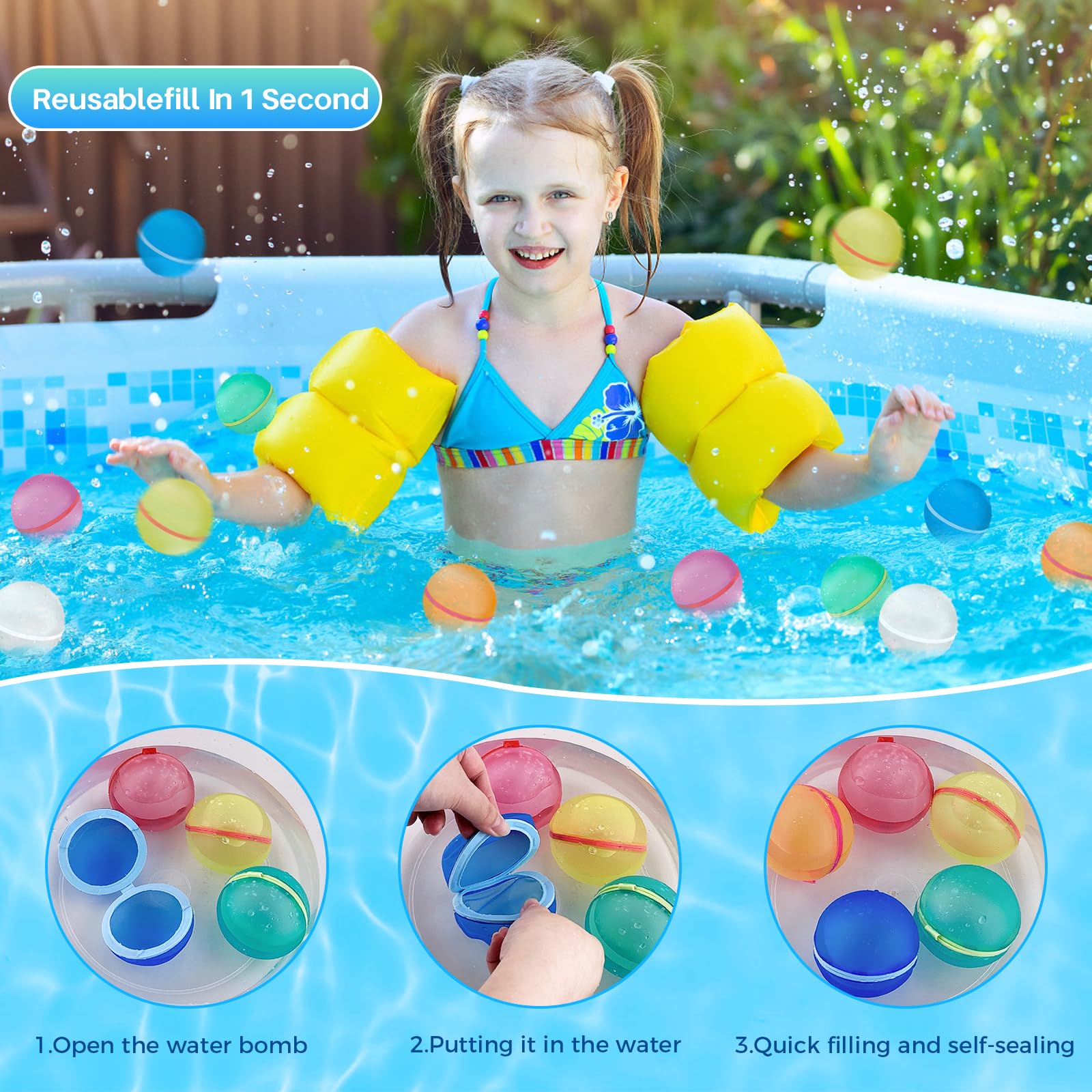 Wasserbomben Wiederverwendbar,12 Stück Wiederverwendbare Wasserballons Bomben,Selbstschließend magnetische Spritzbälle,für Kinder,Erwachsene,Strand,Poolparty,Strand,Wasserspielzeug,Sommer im Freien