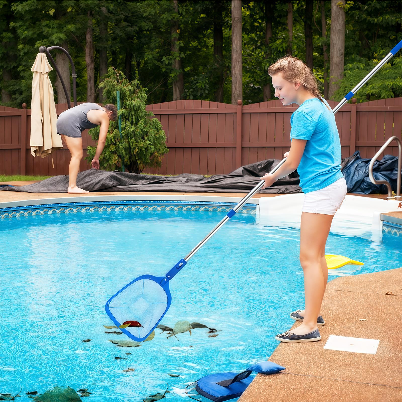185 cm Pool Kescher, Poolkescher Fein mit Teleskopstange, Poolreinigung Pool Kescher Feinmaschig, Teichkescher für Schwimmbad, Teich, Algen & Bestway Pool, Aufstellpool, Planschbecken, Whirlpool