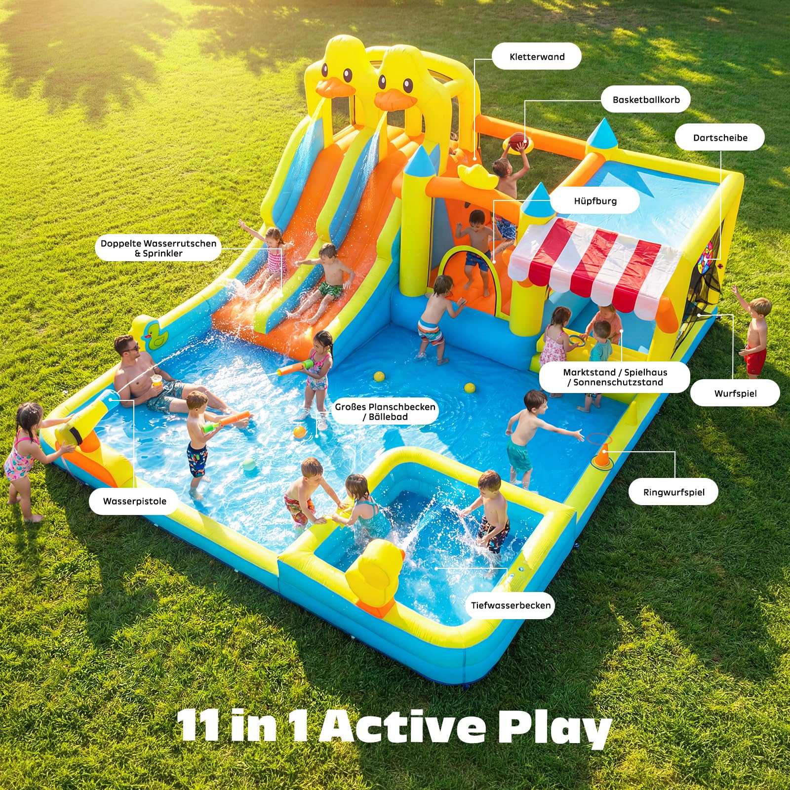 Hapfan Hüpfburg mit Wasserrutsche, 10 in 1 aufblasbare XXL Hüpfburg inkl. Gebläse mit Kletterwand, Springfläche, Wasserpistolen, Splash Pool & Basketballkorb für Kinder, Indoor/Outdoor, 536x436x245