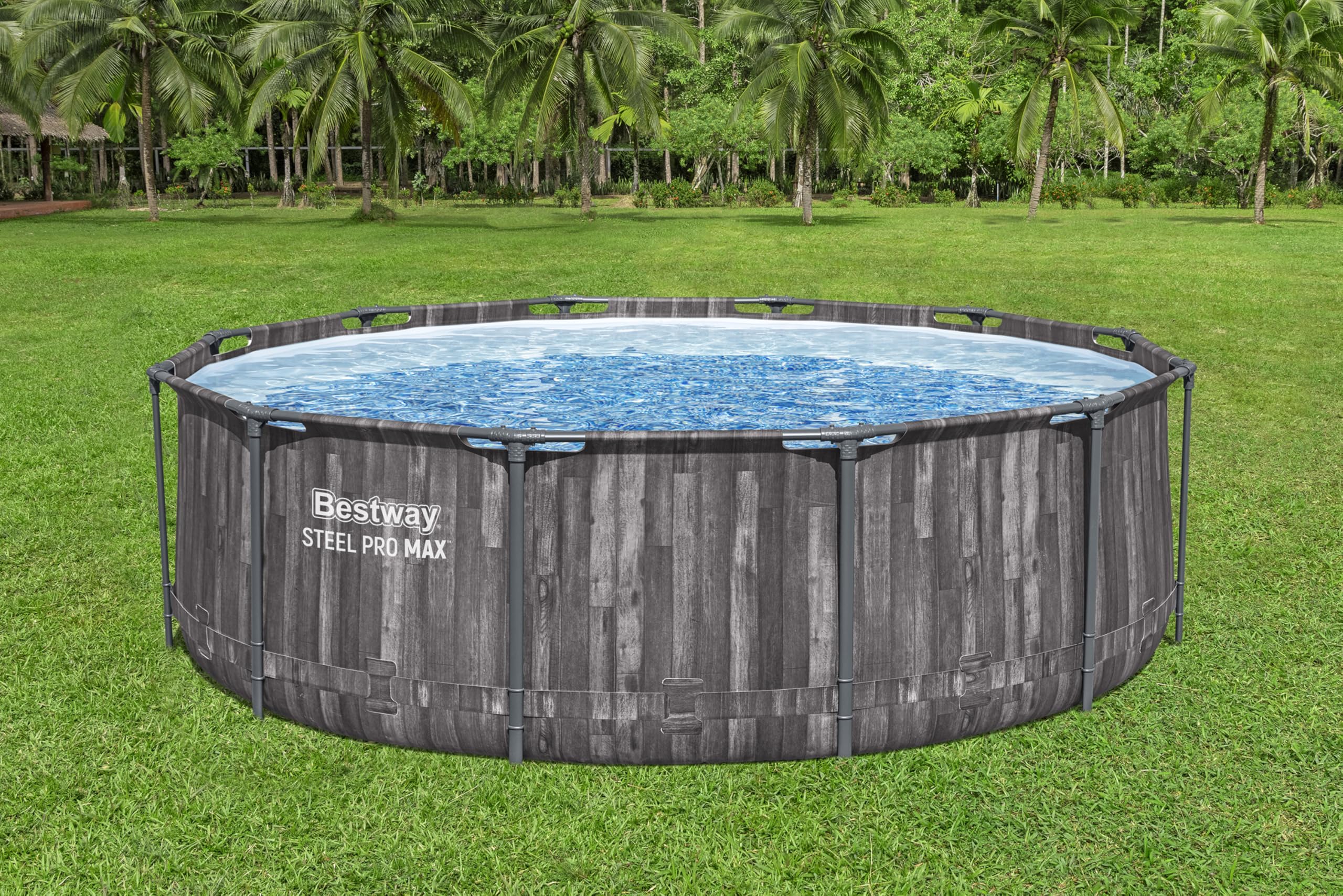 Bestway Steel Pro MAX Frame Pool-Set mit Filterpumpe Ø 366 x 100 cm, Holz-Optik (Mooreiche), rund