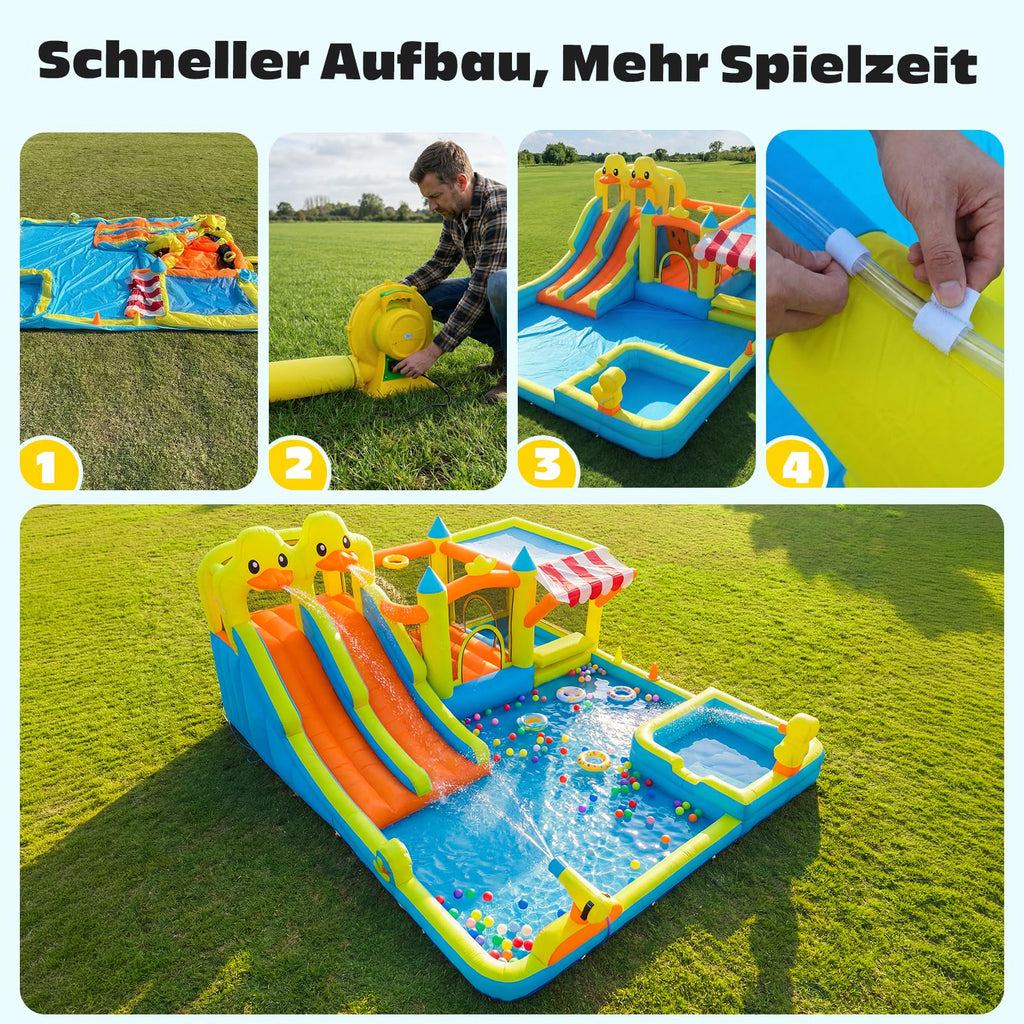 Hapfan Hüpfburg mit Wasserrutsche, 10 in 1 aufblasbare XXL Hüpfburg inkl. Gebläse mit Kletterwand, Springfläche, Wasserpistolen, Splash Pool & Basketballkorb für Kinder, Indoor/Outdoor, 536x436x245