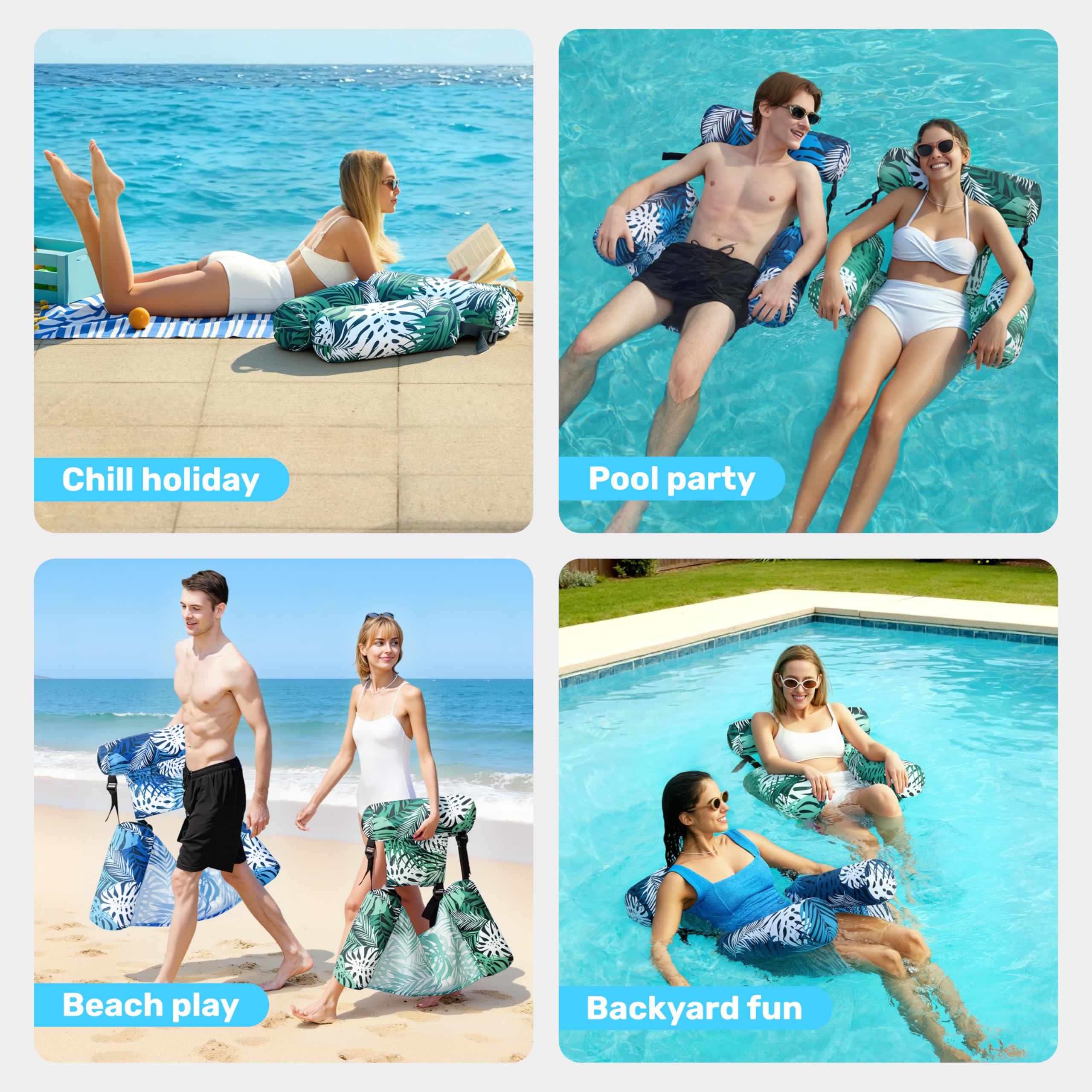 SLOOSH Aufblasbare Wasser Pool Luftmatratze für Erwachsene, 2er schwimmende Pool-Flöße, Aufblasbare Pool-Schwimmsitze für Erwachsene, Schwimmstuhl für Partys, Sommer,Wasser, Strand, Tropische Blätter