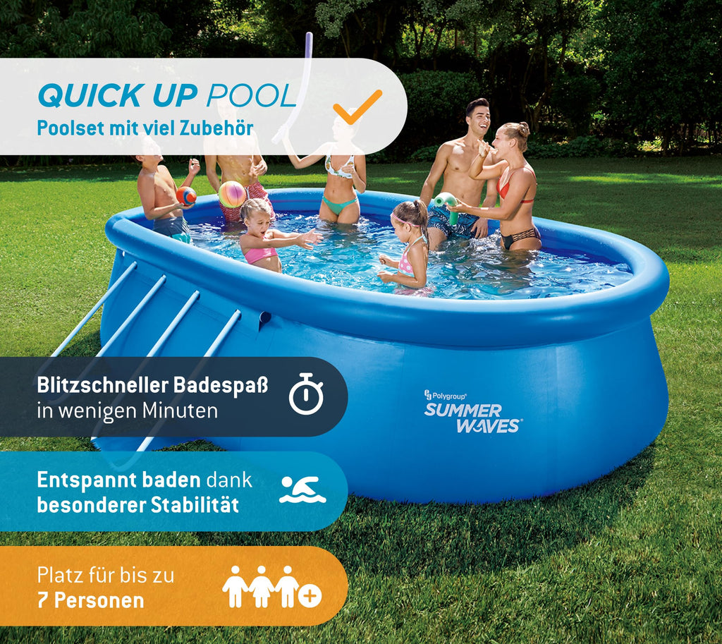 Summer Waves Quick Up Pool Komplettset | Oval 457x305x107 cm Blau | Aufstellpool Set | Gartenpool & Schwimmbecken inkl. Filterpumpe, Leiter, Bodenvlies & Abdeckplane